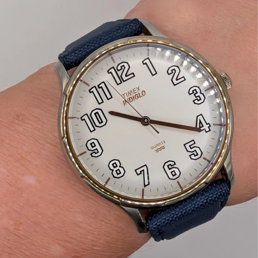 Timex‎ Indiglo White Dial Quartz Watch 35mm Blue Strap Arabic Numerals